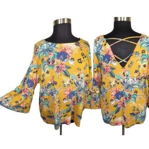 Ava + Viv Women's Mustard Floral Strappy Back Flare Sleeve Blouse Plus 4X